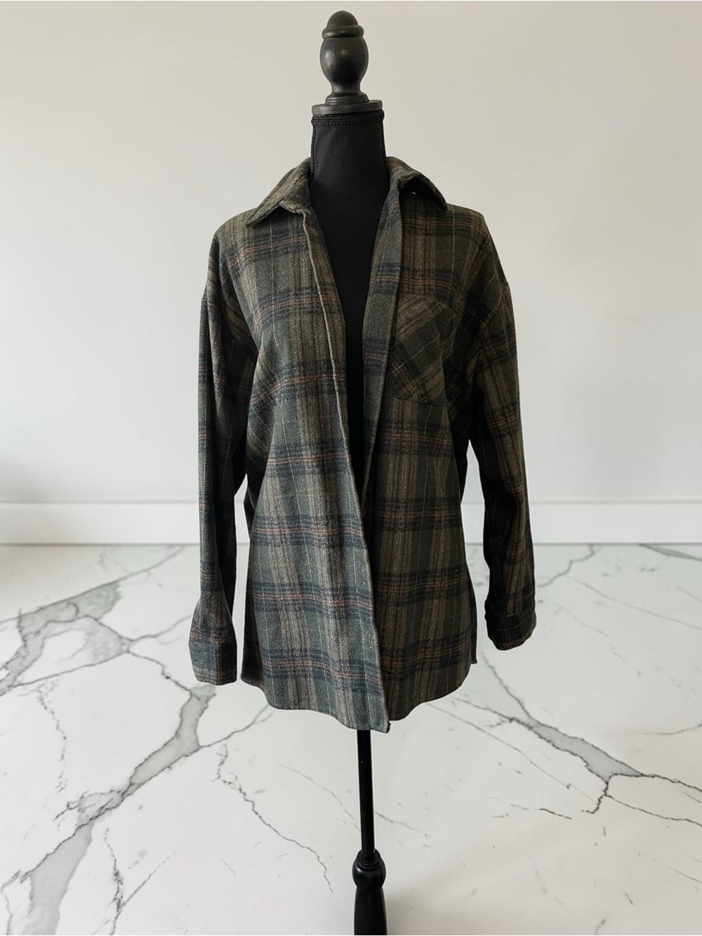 Audrey 3+1 Plaid Flannel Shirt S/M Green Brown Oversized Button Down Shacket - Picture 6 of 6